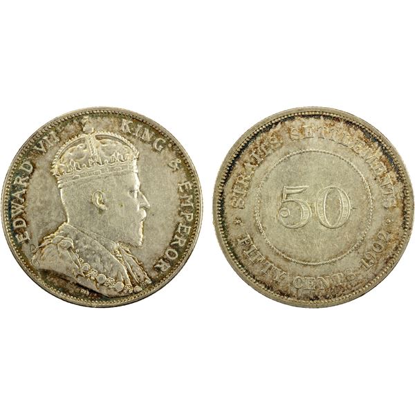 STRAITS SETTLEMENTS: Edward VII, 1901-1910, AR 50 cents, 1902, AU