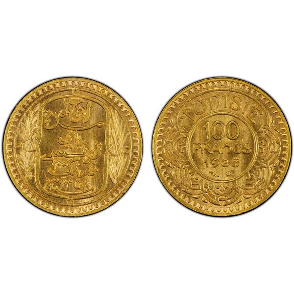 TUNISIA: Ahmad Pasha Bey, 1929-1942, AV 100 francs, 1935/AH1354, PCGS MS64