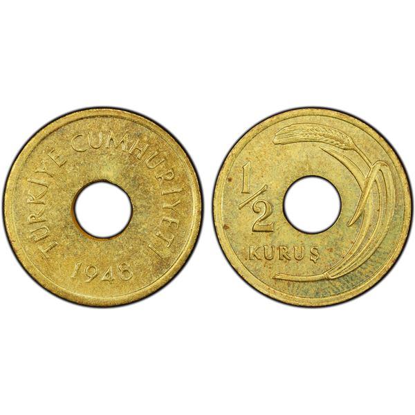 TURKEY: Republic, 1/2 kurush, 1948, PCGS MS64