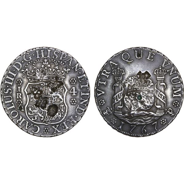 CHINESE CHOPMARKS: BOLIVIA: Carlos III, 1759-1788, AR 4 reales (13.37g), 1767-PTS, VF-XF