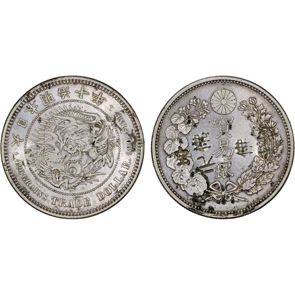 CHINESE CHOPMARKS: JAPAN: Meiji, 1868-1912, AR trade dollar, year 10 (1877), VF