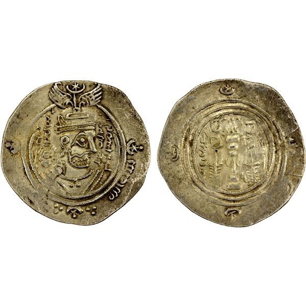 ARAB-SASANIAN: 'Abd Allah b. al-Zubayr, 680-692, AR drachm (4.08g), DA+G (Jahrum), YE56 (= AH66), VF