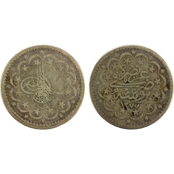 TURKEY: Abdul Aziz, 1861-1876, AR 5 kurush, Bursa, AH1277 year 1, Fine