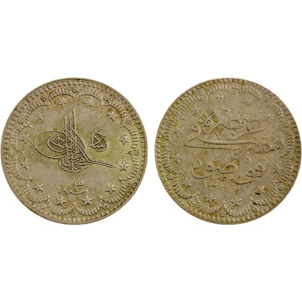 TURKEY: Mehmet V, 1909-1918, AR 5 kurush, Kosova, AH1327 year 3, AU