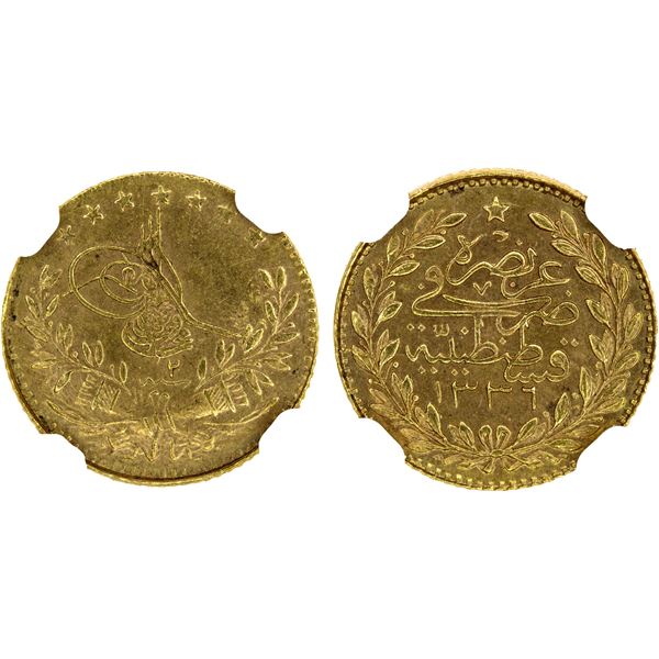TURKEY: Mehmet VI, 1918-1924, AV 25 kurush, Kostantiniye, AH1336 year 2, NGC MS63