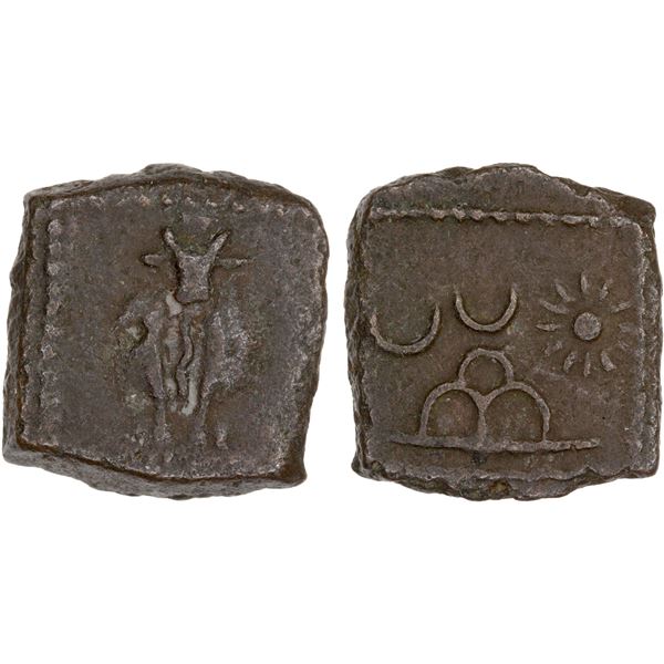 WESTERN KSHATRAPAS: Rudradaman I, ca. 130-165, AE square unit (2.85g), nearly XF