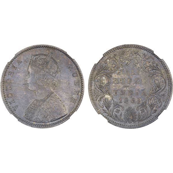 BRITISH INDIA: Victoria, Queen, 1837-1876, AR 1/2 rupee, 1862(b/m), NGC MS63