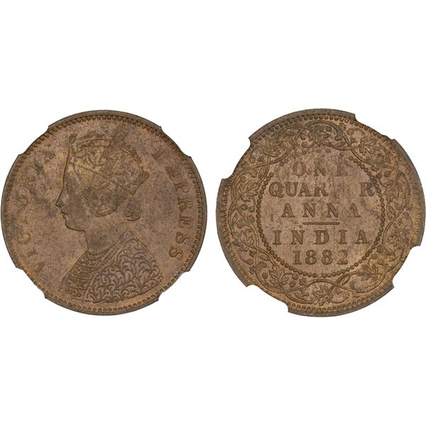 BRITISH INDIA: Victoria, Empress, 1876-1901, AE 1/4 anna, 1882(b), NGC MS64 RB