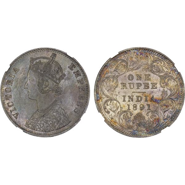 BRITISH INDIA: Victoria, Empress, 1876-1901, AR rupee, 1891-C, NGC MS63