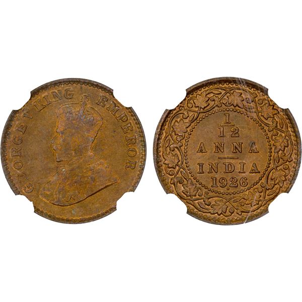 BRITISH INDIA: George V, 1910-1936, 1/12 anna, 1926(b), NGC MS67 RB