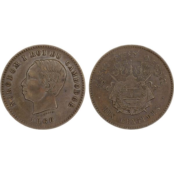 CAMBODIA: Norodom I, 1860-1904, AE 10 centimes, 1860, Choice XF