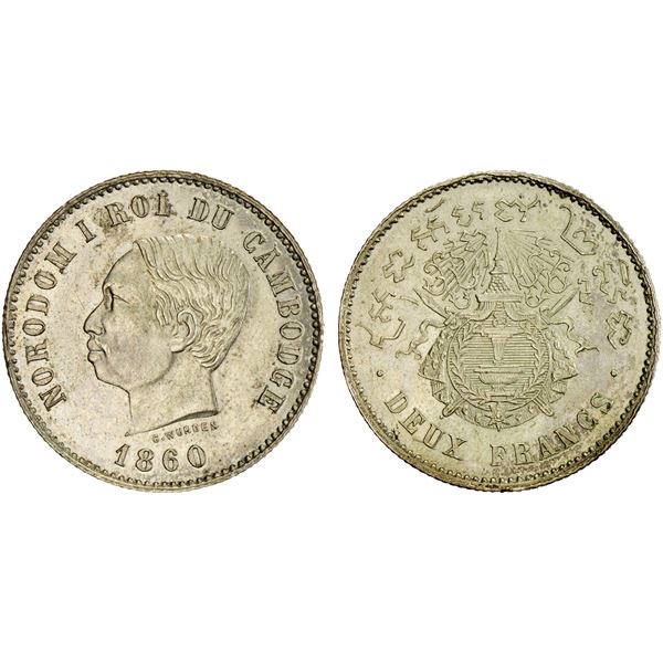 CAMBODIA: Norodom I, 1860-1904, AR 2 francs (9.96g), 1860, XF