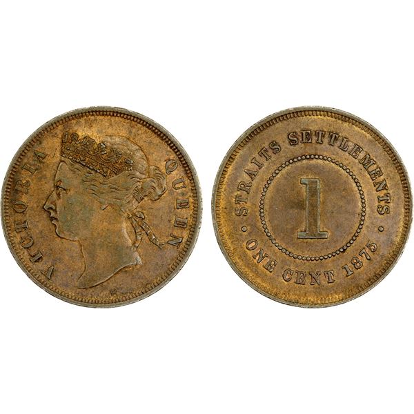 STRAITS SETTLEMENTS: Victoria, 1867-1901, AE cent, Soho, 1875-W, XF