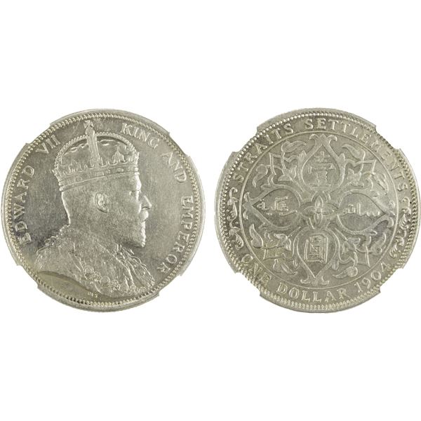 STRAITS SETTLEMENTS: Edward VII, 1901-1910, AR dollar, 1904-B, NGC AU58