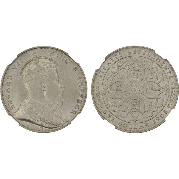 STRAITS SETTLEMENTS: Edward VII, 1901-1910, AR dollar, 1908, NGC AU details