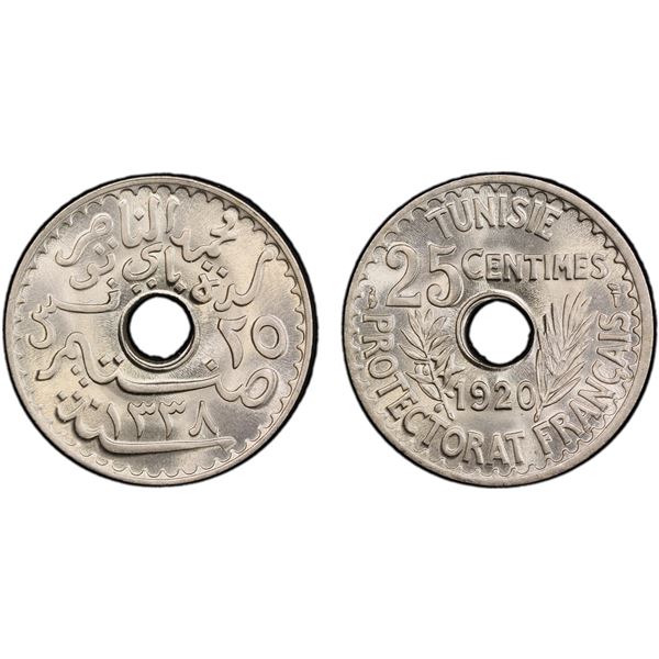 TUNISIA: Muhammad al-Nasir Bey, 1906-1922, 25 centimes, 1920/AH1338, PCGS MS67