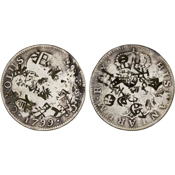 CHINESE CHOPMARKS: SPAIN: Carlos IV, 1788-1808, AR 2 reales, 1799-M, VG