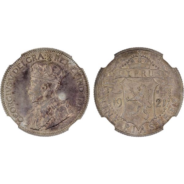 CYPRUS: George V, 1910-1936, AR 9 piastres, 1921, NGC MS61