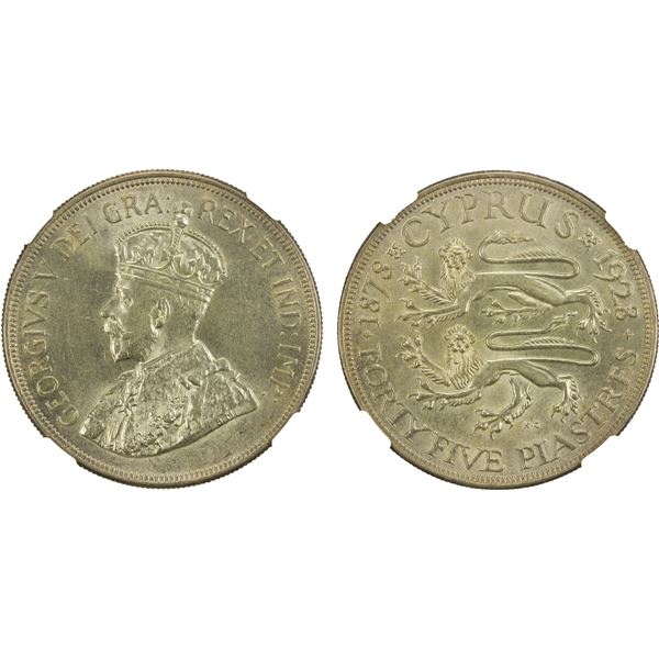 CYPRUS: George V, 1910-1936, AR 45 piastres, 1928, NGC MS61