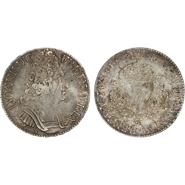 FRANCE: Louis XIV, 1643-1715, AR écu de trois couronnes, Lyon, 1710-D, VF-XF