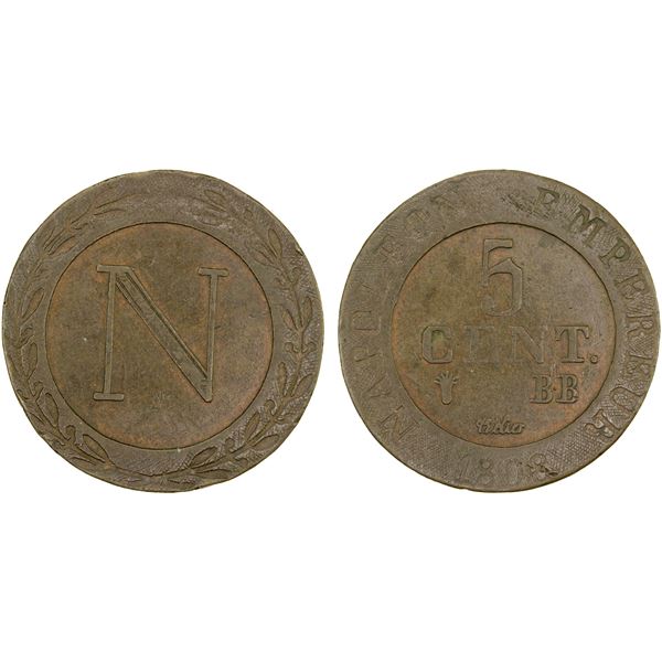 FRANCE: Napoleon I, Emperor, 1804-1814, AE 5 centimes (6.18g), Strasbourg, 1808 BB, XF