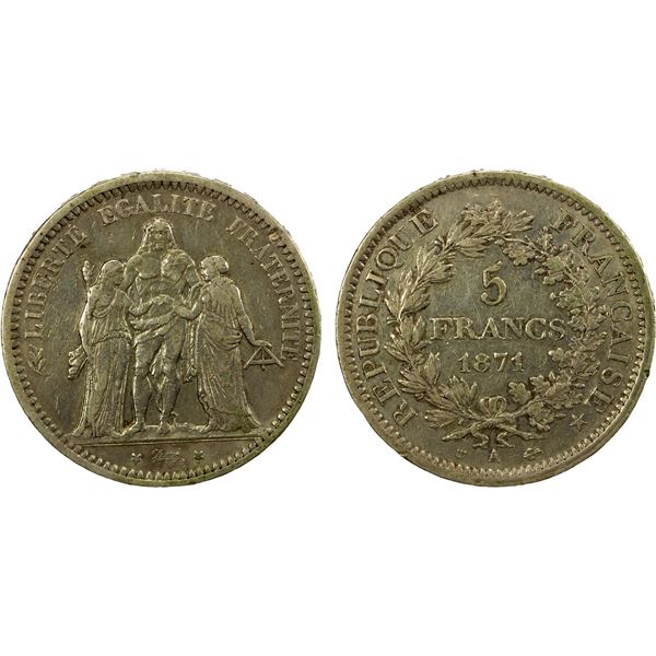 FRANCE: Third Republic, AR 5 francs, 1871-A, Choice VF