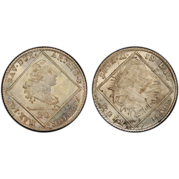 BAVARIA: Maximilian III Josef, 1745-1777, AR 20 kreuzer, 1772-A, PCGS MS63