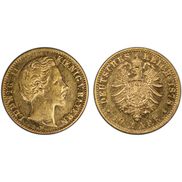 BAVARIA: Ludwig II, 1864-1886, AV 10 mark, 1878-D, PCGS AU details