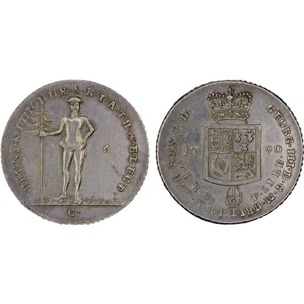 BRUNSWICK-LÜNEBURG-CALENBERG-HANOVER: George III, 1760-1820, AR 1/6 thaler, 1790-C, XF