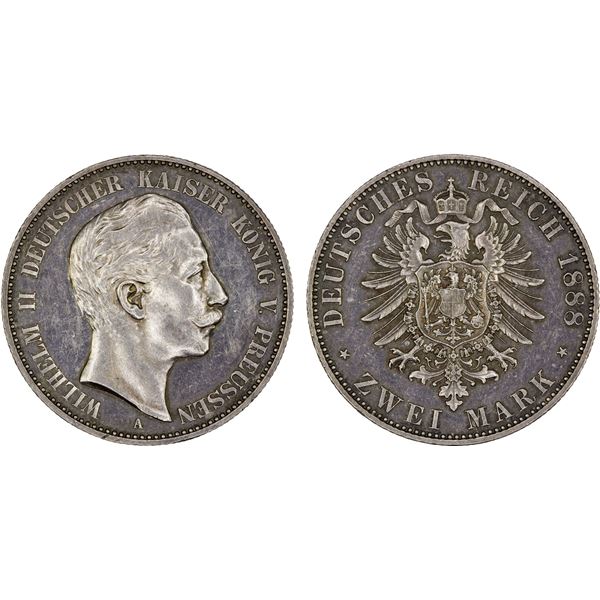 PRUSSIA: Wilhelm II, 1888-1918, AR 2 mark, 1888-A, Choice XF