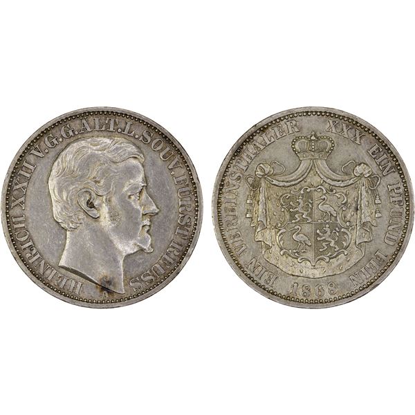 REUSS-OBERGREIZ: Heinrich XXII, 1859-1902, AR thaler, 1868, XF