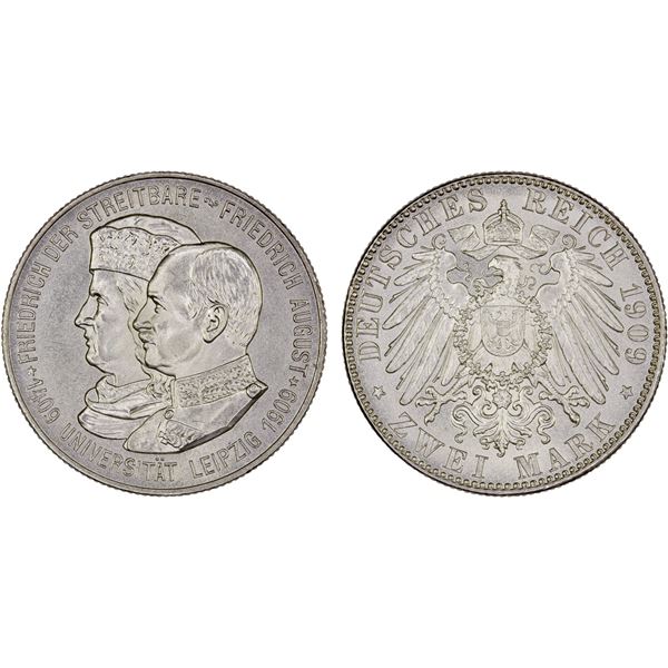SAXONY: Friedrich August III, 1904-1918, AR 2 mark (0.88g), 1909, UNC
