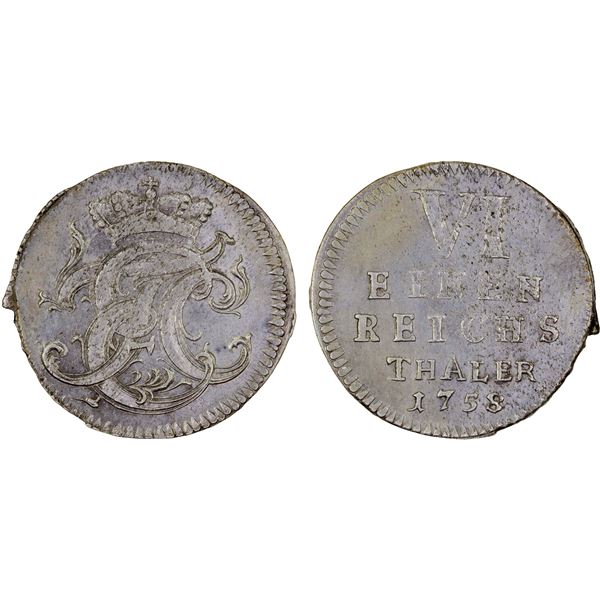 SAXE-HILDBURGHAUSEN: Ernst Friedrich III Carl, 1745-1780, AR 1/6 thaler, 1758, Choice XF