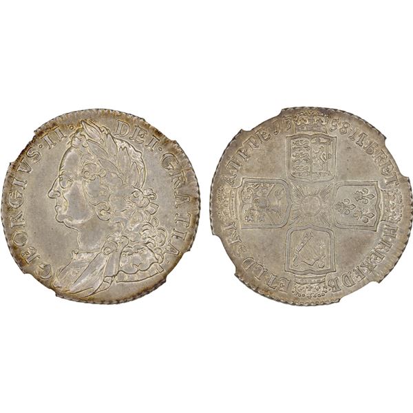 GREAT BRITAIN: George II, 1727-1760, AR shilling, 1758, NGC AU55
