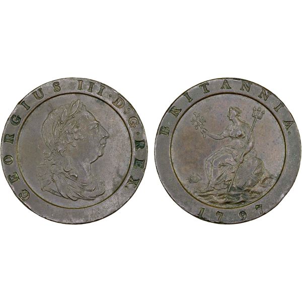 GREAT BRITAIN: George III, 1760-1820, AE 2 pence, 1797, XF-AU