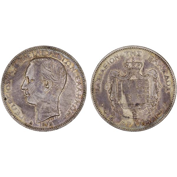 GREECE: George I, 1863-1913, AR 2 drachmai, 1873-A, XF