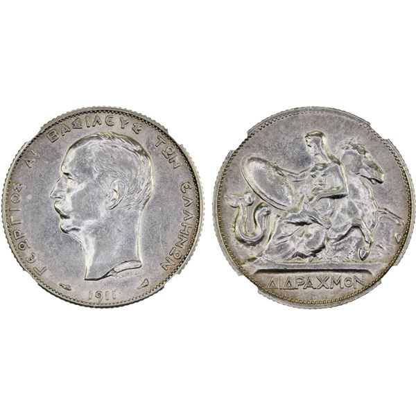 GREECE: George I, 1863-1913, AR 2 drachmai, 1911, NGC AU58