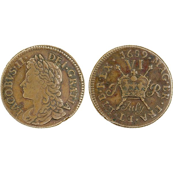 IRELAND: James II, 1685-1691, AE sixpence, 1689 (July), VF