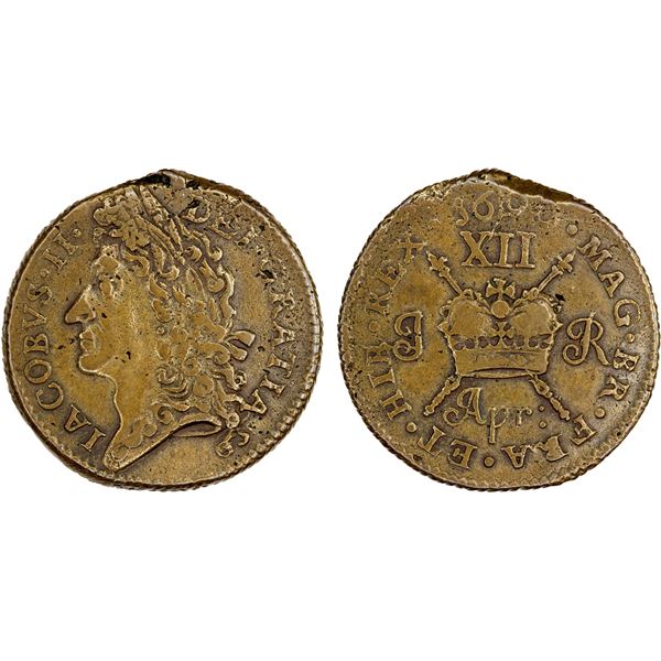 IRELAND: James II, 1685-1691, AE shilling, 1690 (April), VF