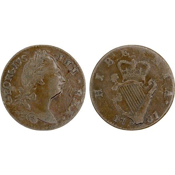 IRELAND: George III, 1760-1820, AE halfpenny (7.43g), 1781, F-VF