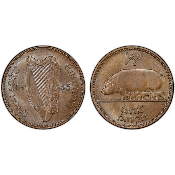 IRELAND: Free State, AE 1/2 penny, 1933, PCGS MS64 BN