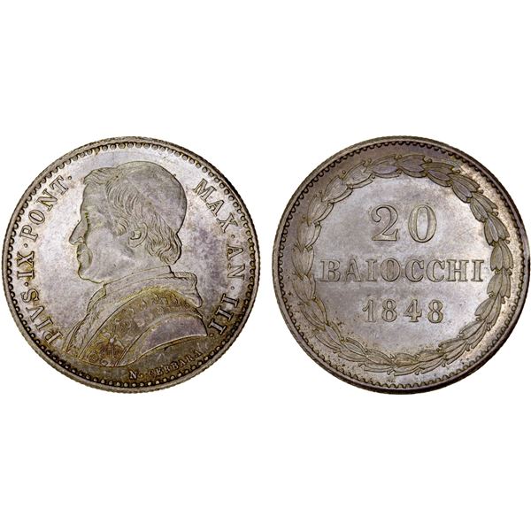 PAPAL STATES: Pius IX, 1846-1878, AR 20 baiocchi (papetto, quinto di scudo), 1848 year III, Choice X