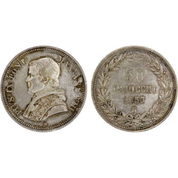 PAPAL STATES: Pius IX, 1846-1878, AR 50 baiocchi, 1853-R year VIII, XF