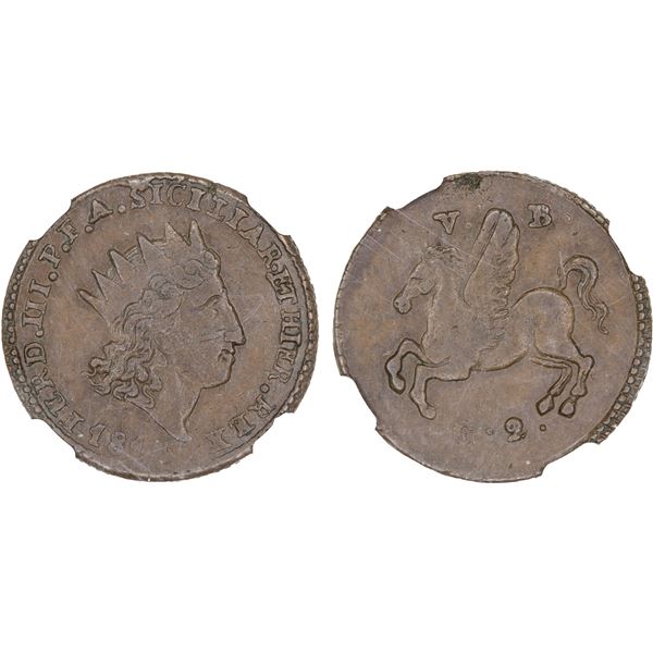 SICILY: Ferdinando III, 2nd reign, 1815-1816, AE 2 grani, 1814, NGC AU55 BN