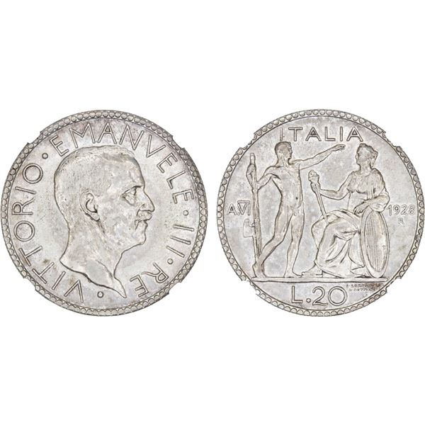 ITALY: Vittorio Emanuele III, 1900-1946, AR 20 lire, 1928-R, NGC AU55