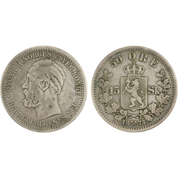 NORWAY: Oscar II, 1872-1907, AR 50 øre/15 skilling, 1874, F-VF