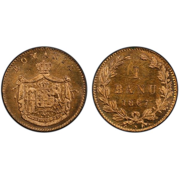 ROMANIA: Carol I, as Prince, 1866-1881, AE banu, 1867-H, PCGS Specimen 65 RD