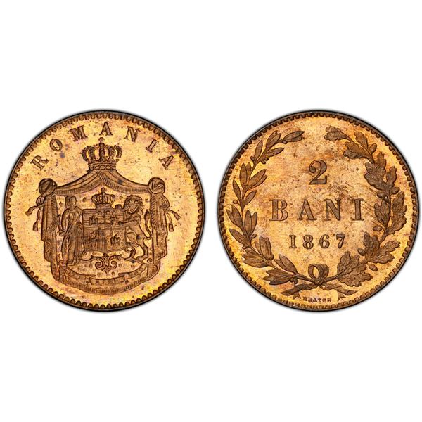ROMANIA: Carol I, as Prince, 1866-1881, AE 2 bani, 1867-H, PCGS Specimen 65 RD