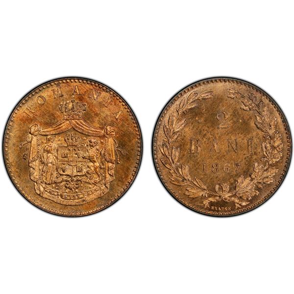 ROMANIA: Carol I, as Prince, 1866-1881, AE 2 bani, 1867-H, PCGS Specimen 65 RD