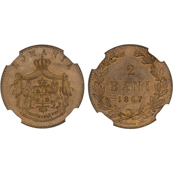 ROMANIA: Carol I, as Prince, 1866-1881, AE 2 bani, 1867-H, NGC MS64 RB